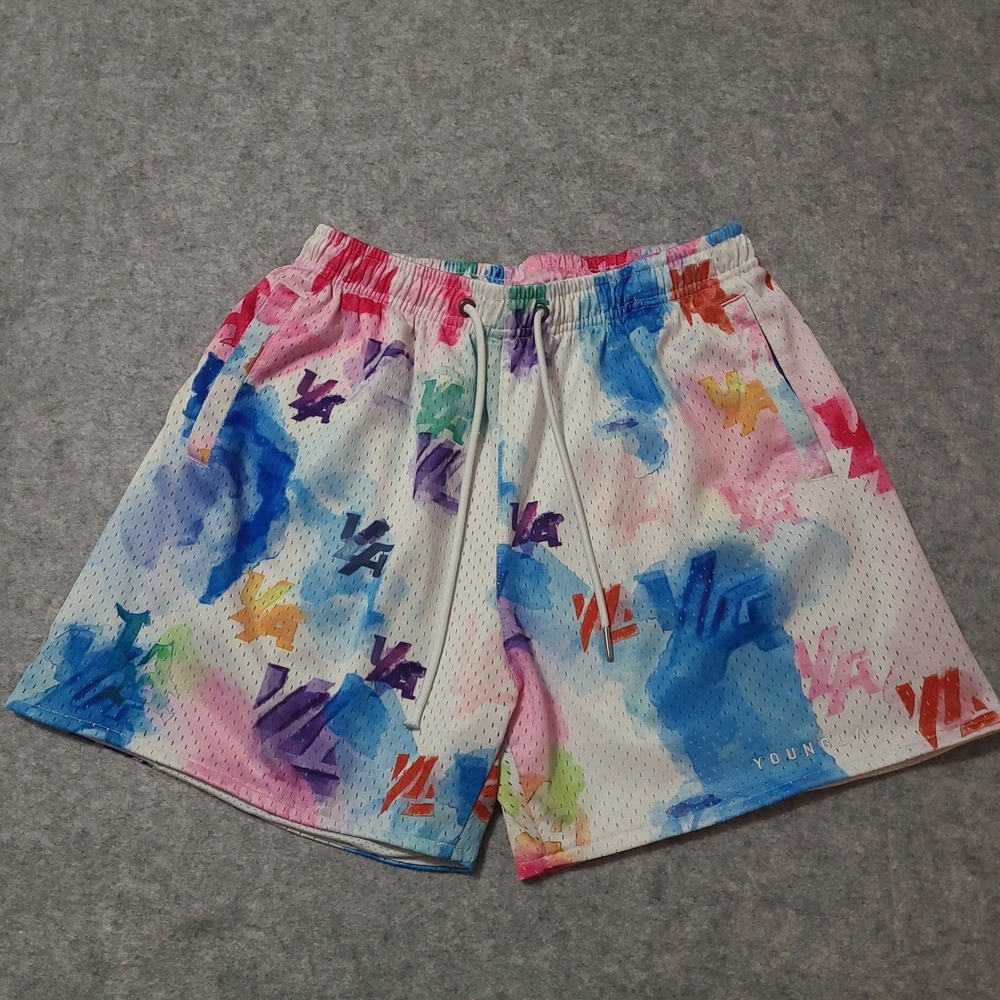 YoungLA The Block Party Mesh Gym Shorts Mens Large Multicolor‎ Watercolor Logo